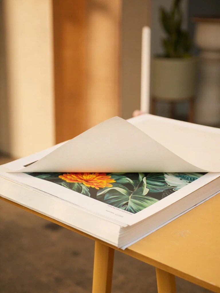 Stack of freshly printed satin posters on a print-shop bench