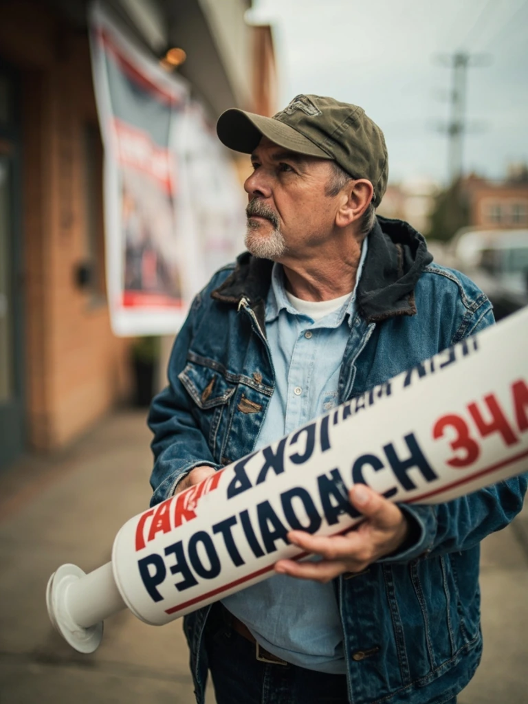 Campaign volunteer with a rolled poster tube outside a community center