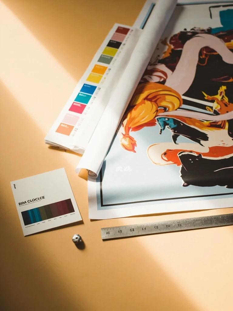 A long custom panoramic poster print on a print-shop bench beside a steel ruler