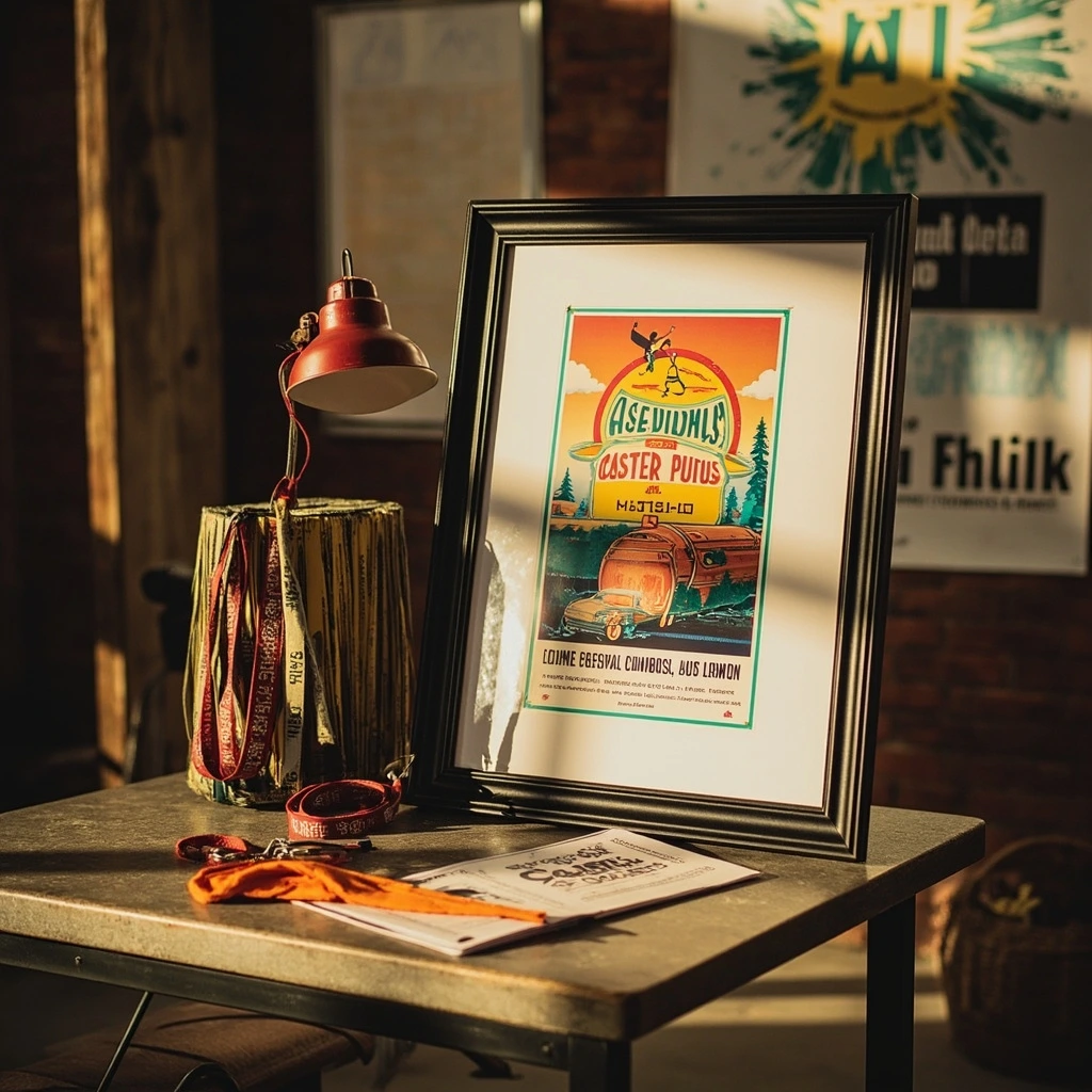 Festival poster in a snap frame with pennants and ticket roll