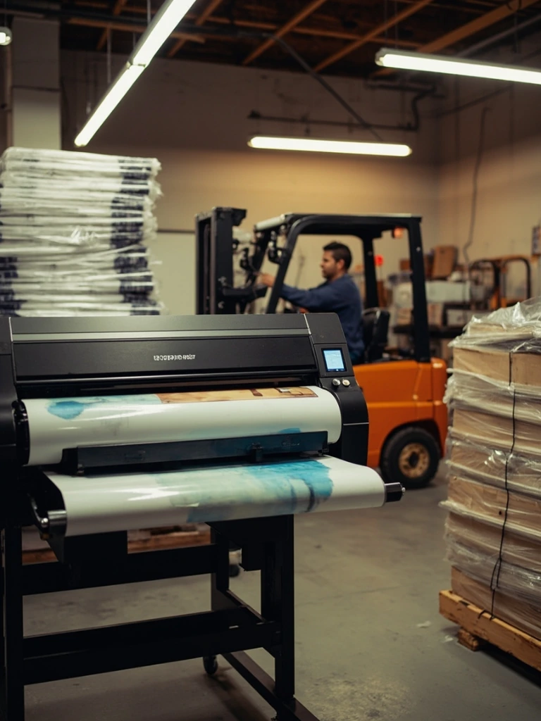 Large-format printers running a bulk poster order in the Phoenix production facility